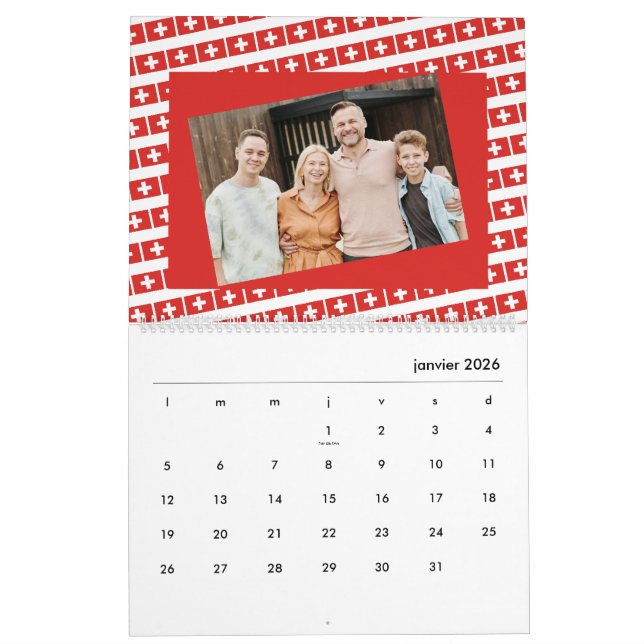 Calendrier Suisse | Ajoutez votre photo Drapeau Suisse 2026 (Jan 2026)