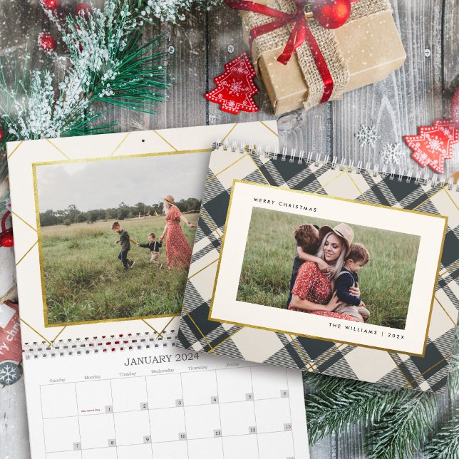 Calendrier Tartan vert beige et foncé Plaid Photo de famille (Créateur téléchargé)