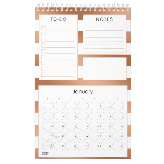 Calendrier Tendance Rose Gold Stripes Annuel Mois Planner (Jan 2027)