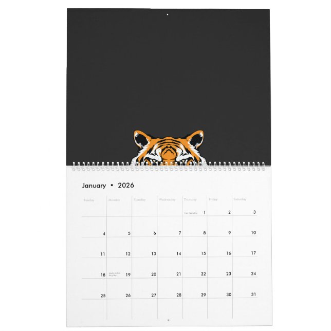 Calendrier un gros plan du visage d'un tigre sur un arrière - (Jan 2026)