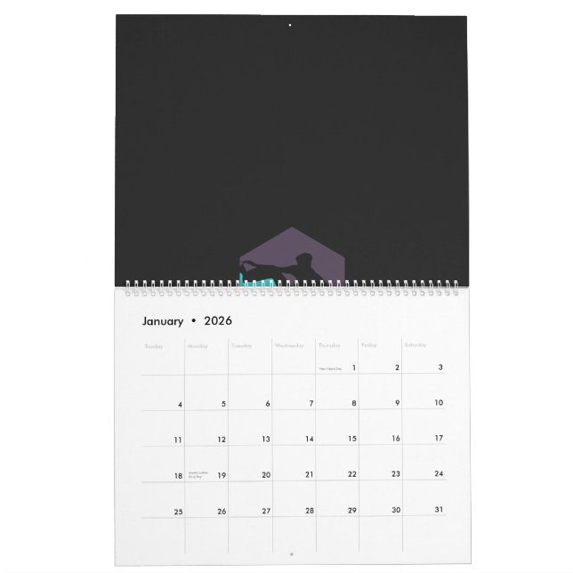 Calendrier une silhouette d'un homme tenant une planche de su (Jan 2026)