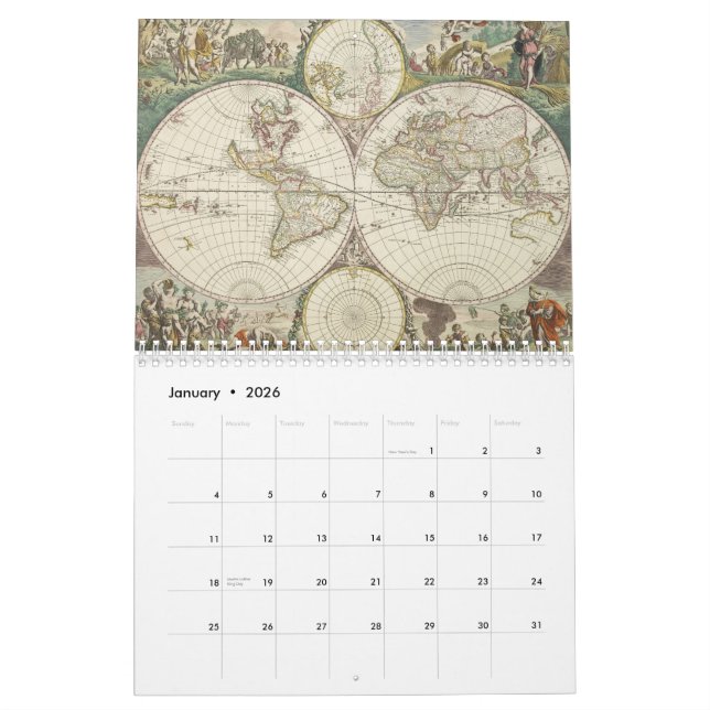 Calendrier vintage de carte du monde (Jan 2026)