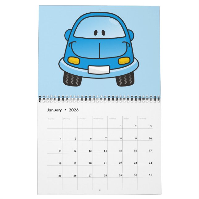Calendrier Voiture de dessin animé bleu (Jan 2026)
