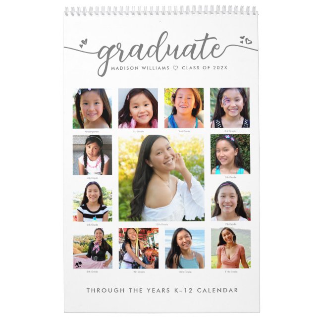 Calendrier White Graduate K-12 Script Photo Collage 15 Mois (Protection)