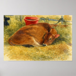 Calf in the Hay Poster