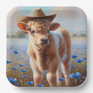 Calf With Cowboy Hat In Pasture Paper Plate