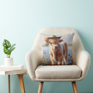 Calf With Cowboy Hat In Pasture  Throw Pillow