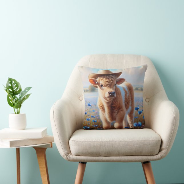 Calf With Cowboy Hat In Pasture  Throw Pillow (Chair)