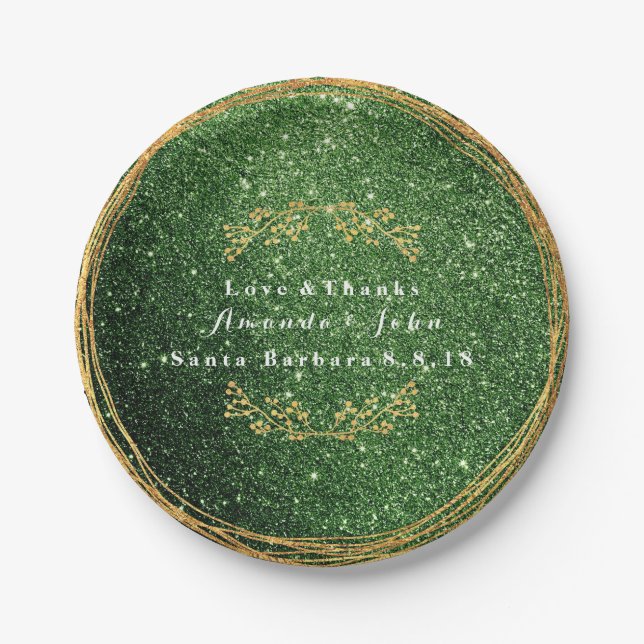 Cali Green Greenery Gold Floral Glitter Wedding Paper Plate (Front)