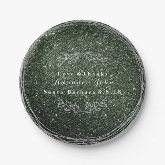 Cali Green Silver Floral Wreath Wedding Glitter 7 Inch Paper Plate