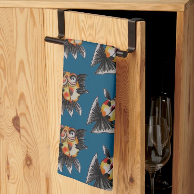 Calico butterfly telescope (teal) kitchen towel (Thirds Fold)
