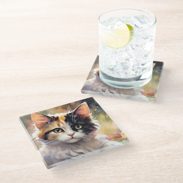 Calico Cat and Butterflies in Spring Garden Glass Coaster (Angled)