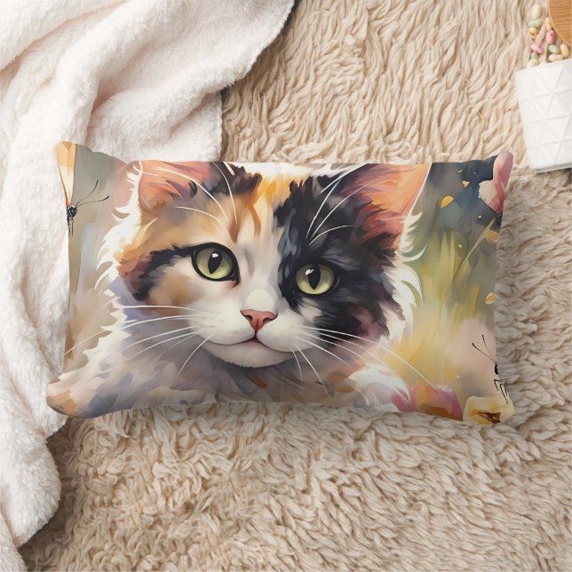Calico Cat and Butterflies in Spring Garden Lumbar Pillow (Blanket)