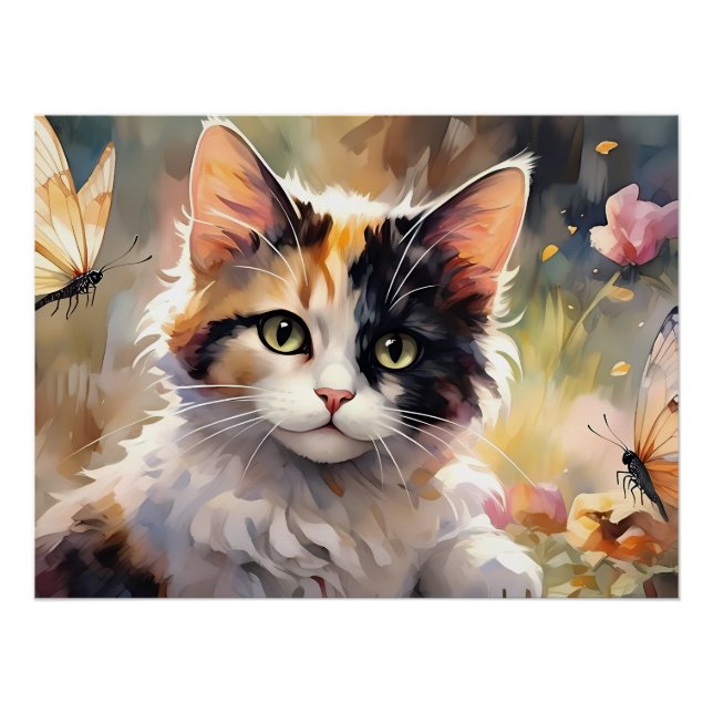 Calico Cat and Butterflies in Spring Garden Poster (Front)