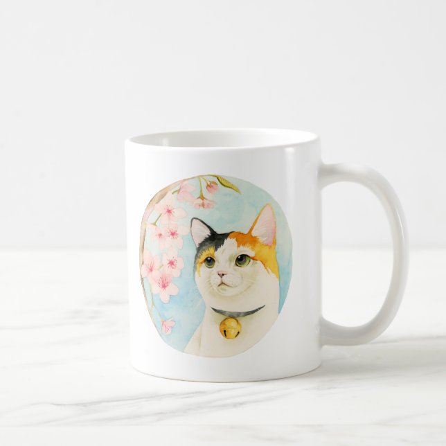 Calico Cat and Cherry Blossom Flower Watercolor Coffee Mug (Right)