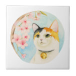 Calico Cat and Flowers Japanese Tile<br><div class="desc">This is a watercolor illustration of a calico cat looking up at and enjoying the cherry blossom. “Hanami” is a Japanese tradition where people celebrate and party under the cherry blossom trees when they are in full bloom. Painted with Holbein and Winsor and Newton watercolor paints on Arches hot pressed...</div>