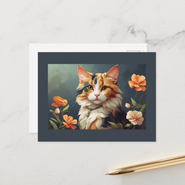 Calico cat and flowers postcard (Front/Back In Situ)