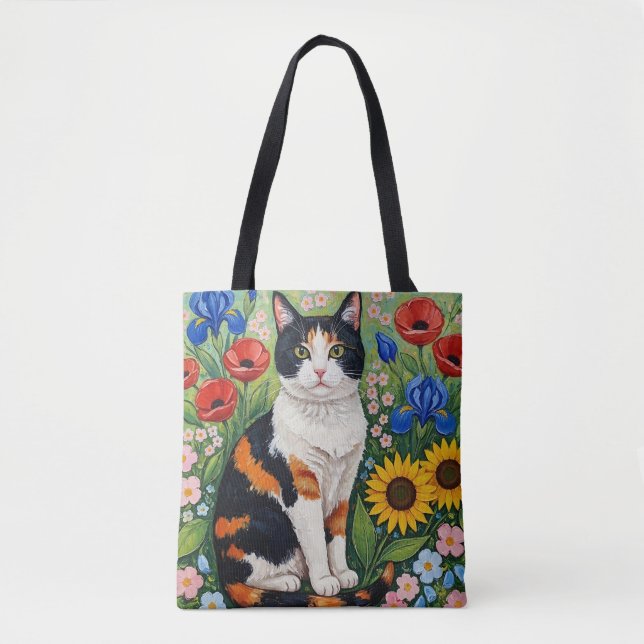 Calico Cat and Folk Art Sunflowers Tote Bag (Front)
