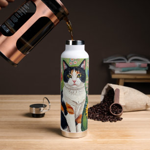 Calico Cat and Folk Art Sunflowers Water Bottle