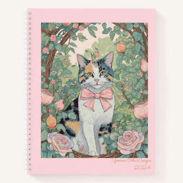 Calico cat at garden Spiral Notebook (Front)