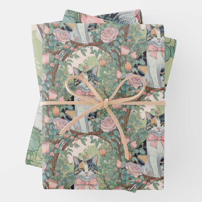 Calico cat at garden with flowers wrapping paper sheet (In situ)