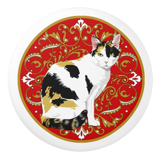 Calico Cat Baroque Ceramic Knob (Front)