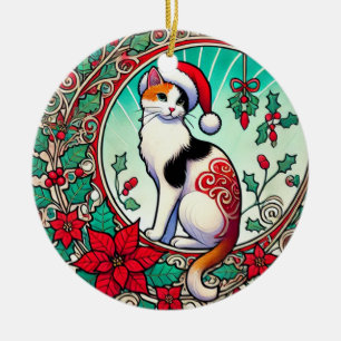 Calico Cat Christmas Ceramic Ornament