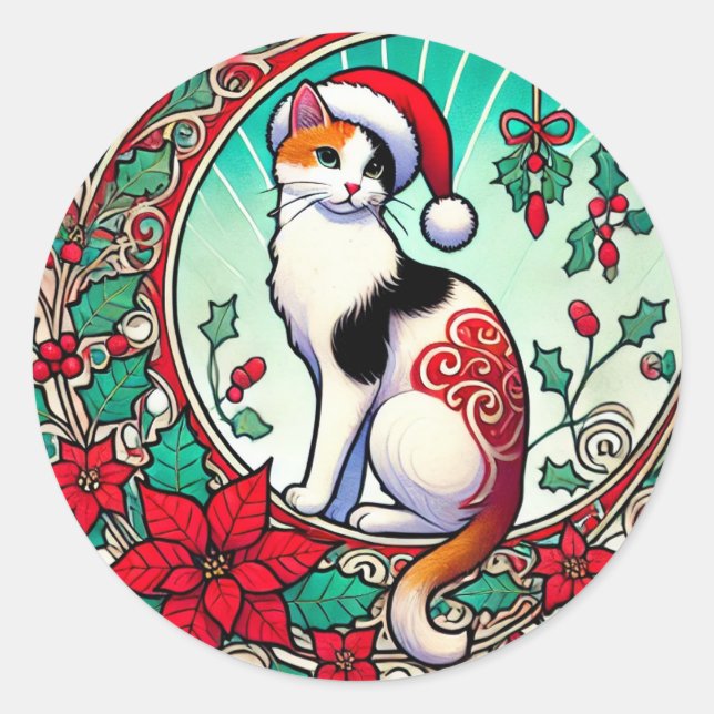 Calico Cat Christmas                               Classic Round Sticker (Front)