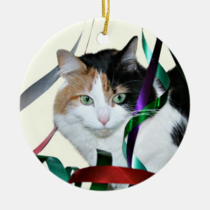 Calico cat Christmas ribbon Ceramic Ornament