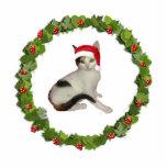 Calico Cat Christmas Wreath Photo Sculpture Ornament<br><div class="desc">This acrylic Christmas ornament of a calico cat in a Santa hat inside a Christmas wreath  comes with a red ribbon for hanging. Final size is approximate and depends on cut-out size of image.</div>