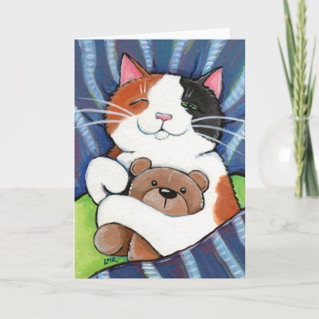 Calico Cat et ours en peluche | Carte de voeux Cat (Devant)