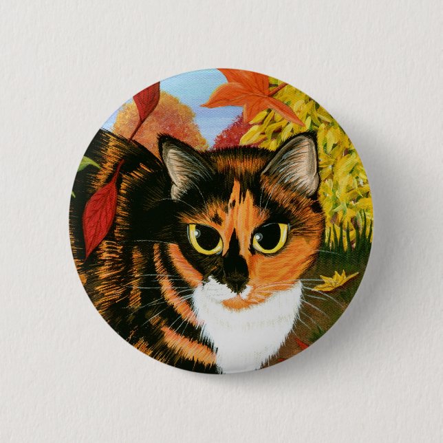 Calico Cat Fall Autumn Leaves Harvest Art Button (Front)