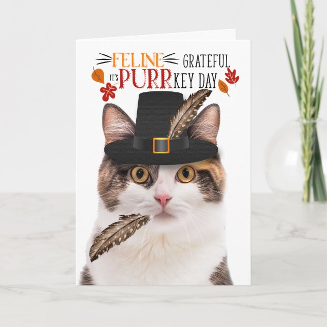 Calico Cat Feline Grateful for PURRkey Day Holiday Card (Front)