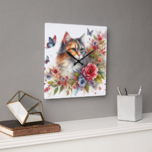 Calico Cat Floral Horloge murale