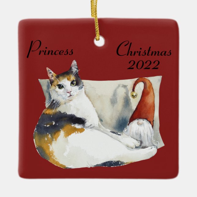 Calico Cat Gnome Christmas theme watercolor Ceramic Ornament (Front)
