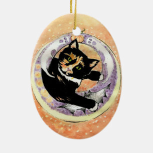 Calico Cat Halloween Ceramic Ornament