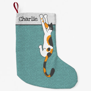 Calico Cat Hanging On   Funny Cat Holiday Xmas Small Christmas Stocking