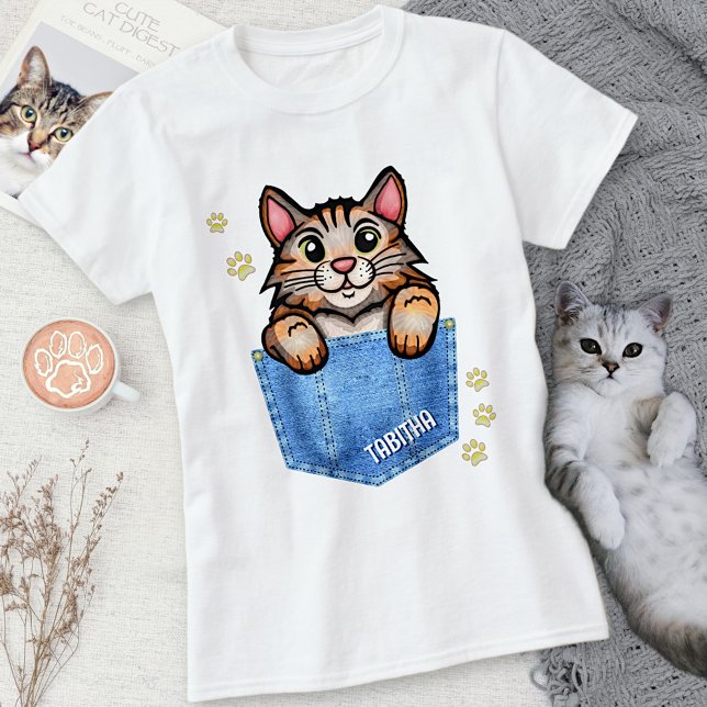 Calico Cat in Faux Denim Pocket with Custom Name T-Shirt (Creator Uploaded)