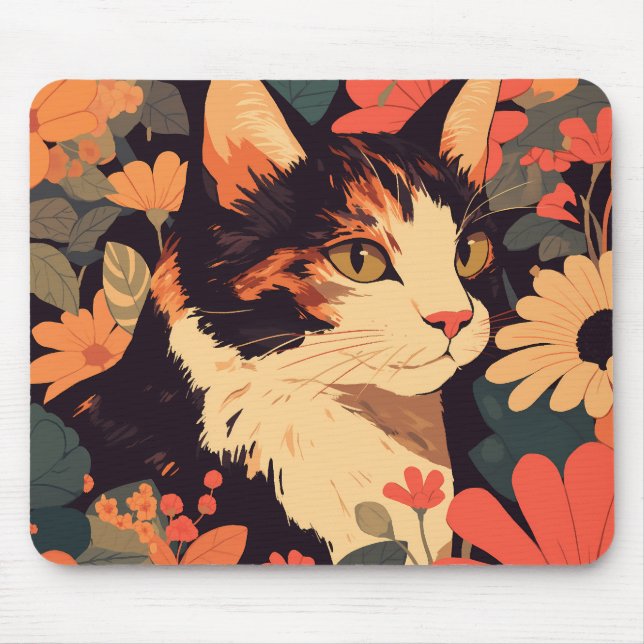 Calico Cat in Floral Garden Mouse Pad (Front)