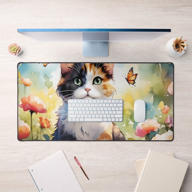 Calico Cat in Spring Garden with Butterflies Desk Mat (Office 1)
