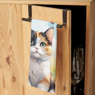 Calico Cat in Spring Garden with Butterflies Kitchen Towel