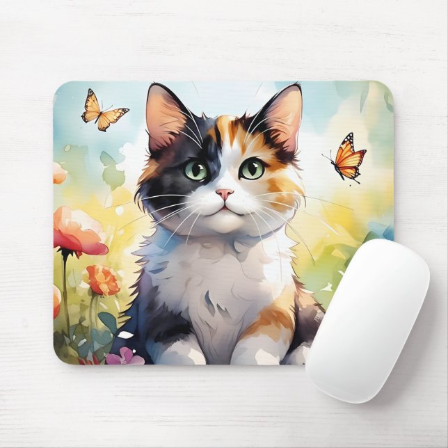 Calico Cat in Spring Garden with Butterflies  Mouse Pad (With Mouse)