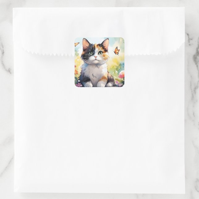 Calico Cat in Spring Garden with Butterflies Square Sticker (Bag)