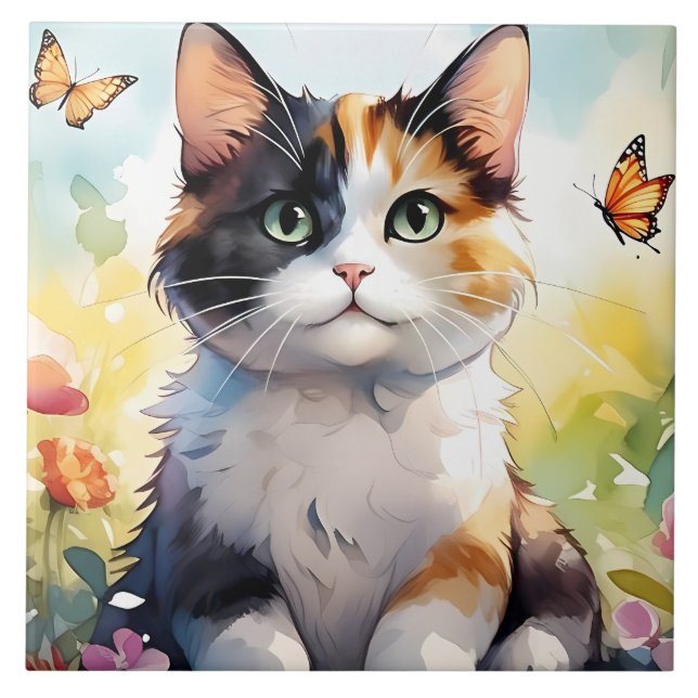 Calico Cat in Spring Garden with Butterflies  Tile (Front)