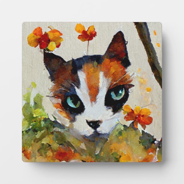 Calico cat in the garden  plaque (Front)
