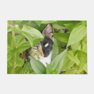Calico Cat in the Zinnias Doormat