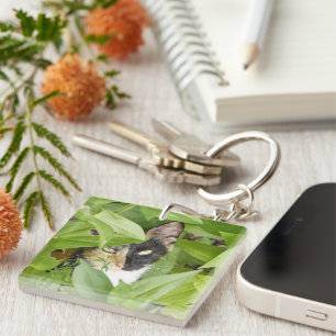 Calico Cat in the Zinnias Keychain