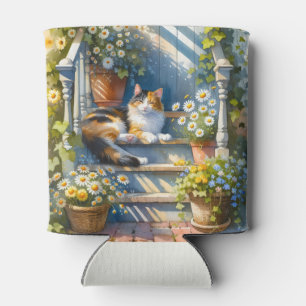 Calico Cat on Floral Porch Cottagecore Can Cooler