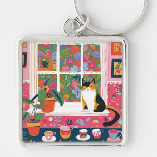 Calico Cat on Window Sill Pop Art Keychain