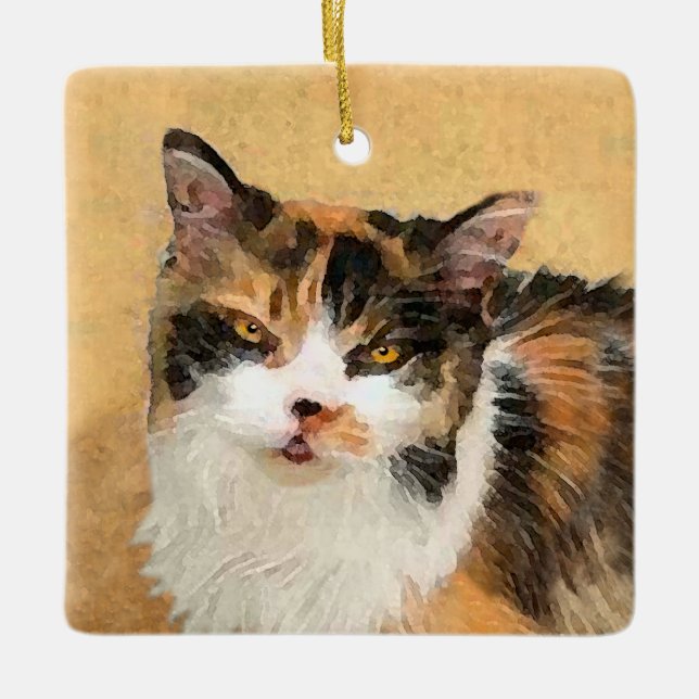 Calico Cat Painting - Cute Original Cat Art Ceramic Ornament (Front)